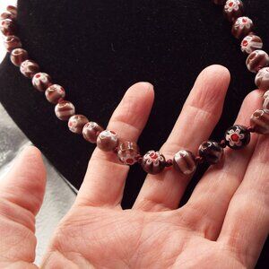 RED LAVENDER MILLIFIORE ART GLASS BEADS NECKLACE 71